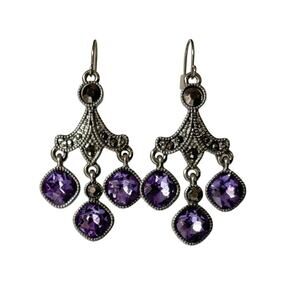 Retro Victorian Steel Cut Purple Rhinestone French Wire Drop Dangle Earrings